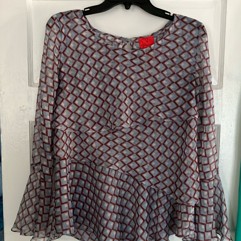Josephine Valerie Gray and Pink Peplum Blouse with Peter Pan Collar